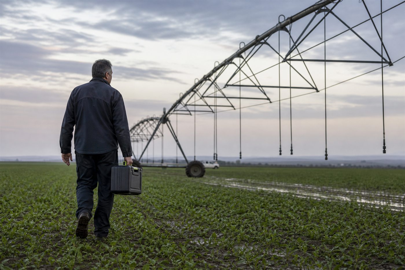 Especialista a inspecionar um pivot numa exploração agrícola