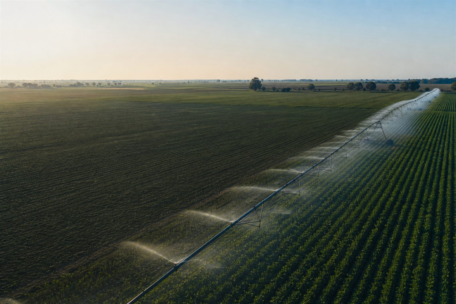 Grande exploração agrícola com sistema de rega pivot em funcionamento